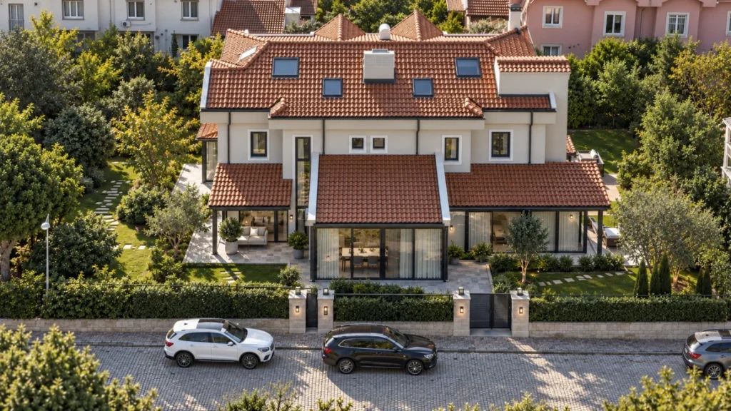 Arıköy Özel Konut İkiz Villa Dönüşümü projesinin ön cephe ve giriş yaklaşımı görselleştirmesi