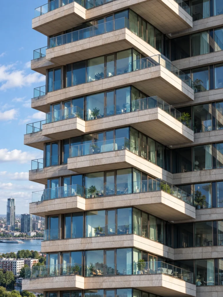 Y Towers konut kulesinin balkon, cam ve cephe detayları