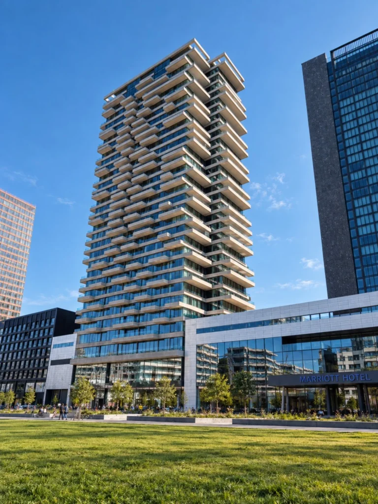 Y Towers konut kulesinin zemin kotundan mimari görünüşü